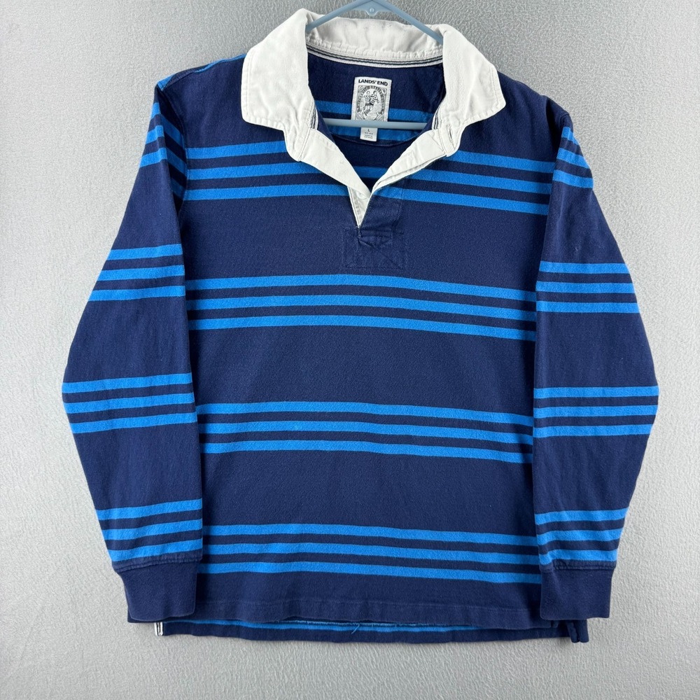 Lands End Rugby Shirt Mens Large Blue Cotton Striped Long Sleeve Y2K